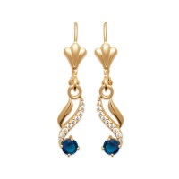 Boucles d'oreilles dormeuses en plaqué or jaune 18 carats avec pendant pavé d'oxydes de zirconium blancs et serti 4 griffes d'une pierre de couleur bleue.