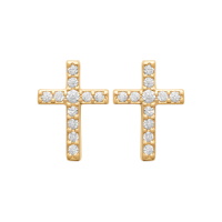 Boucles d'oreilles puces en forme de croix en plaqué or jaune 18 carats pavées d'oxydes de zirconium blancs.