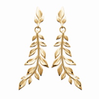 Boucles d'oreilles pendantes en forme de branche avec feuilles en plaqué or jaune 18 carats.