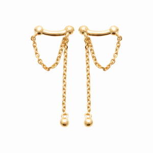 Boucles d'oreilles pendantes avec deux chaînettes et une perle en plaqué or jaune 18 carats.