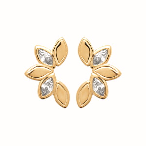 Elégantes boucles d'oreilles en plaqué or jaune 18 carats serties d'oxydes de zirconium blancs. Leur design floral délicat apporte une touche de féminité et de fraîcheur à votre style. Parfaits pour rehausser une tenue de jour ou compléter une allure sophistiquée en soirée, ces bijoux intemporels sont un incontournable de votre collection. Un choix raffiné pour celles qui apprécient la simplicité et l'élégance intemporelle.