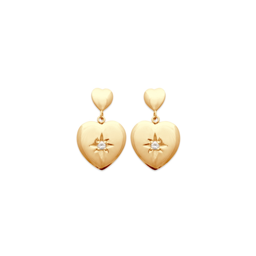 Boucles d'oreilles pendantes composées de deux cœurs en plaqué or jaune 18 carats dont un cœur serti d'un oxyde de zirconium blanc. Coeur Pendantes Strass  Adolescent Adulte Amour Femme Fille Indémodable 