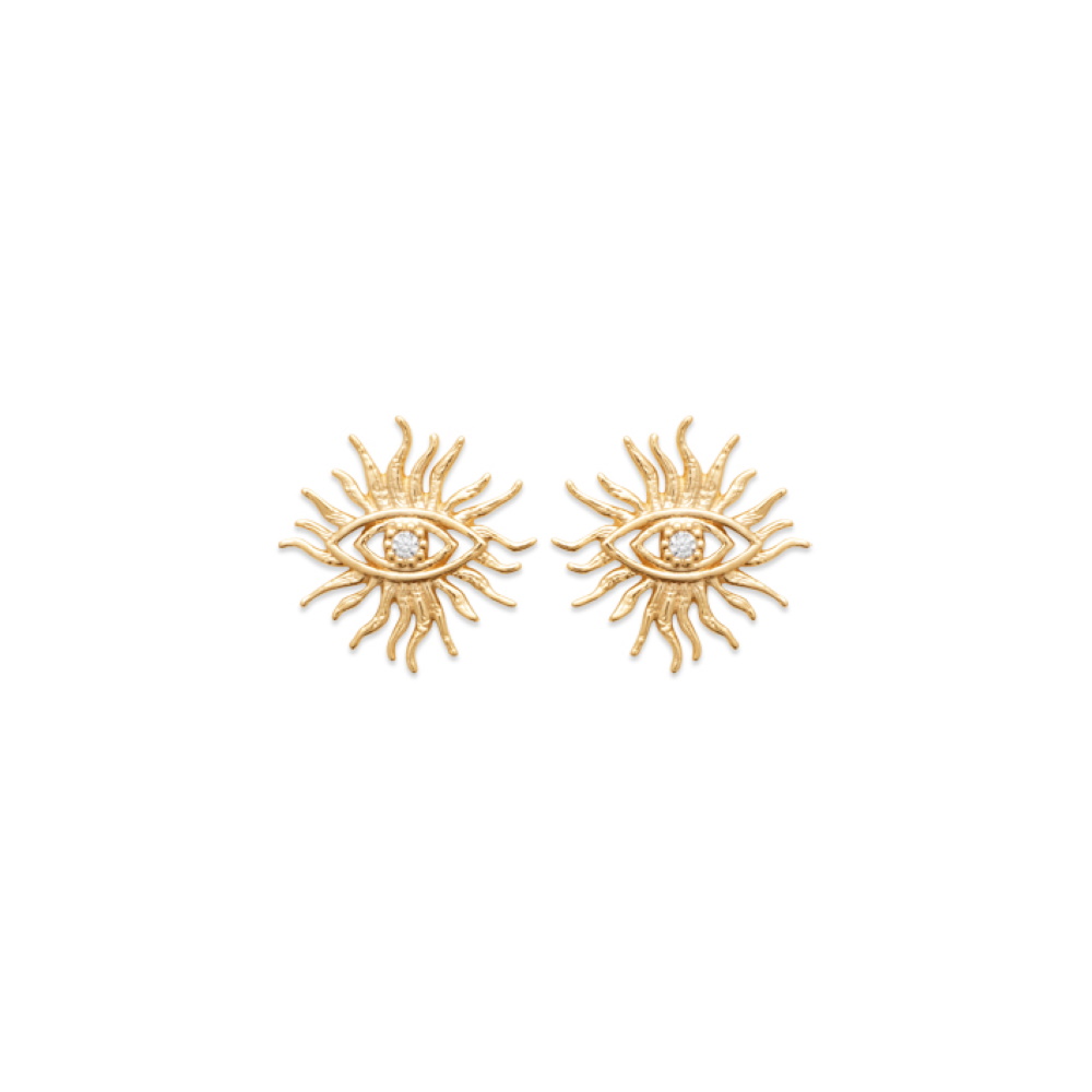 Boucles d'oreilles pendantes œil de Turquie en forme de soleil en plaqué or jaune 18 carats serties d'un oxyde de zirconium blanc. Oeil Oeil de Turquie Pendantes Rond Soleil  Adolescent Adulte Femme Fille Indémodable Nature Symboles 