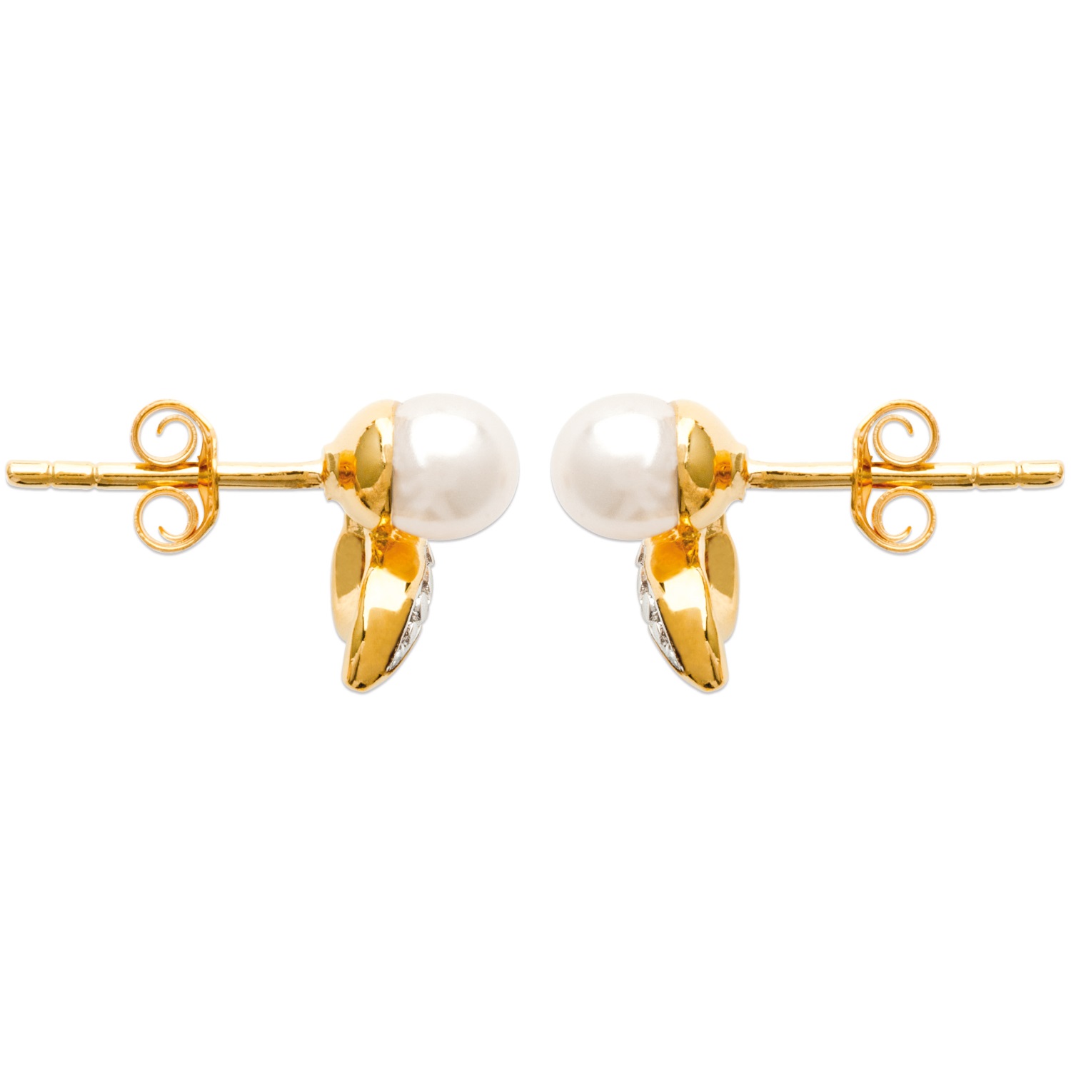 Boucles d'oreilles en plaqué-or, oxyde de zirconium et perles d'imitations. Boule Perle  Adulte Femme Indémodable 