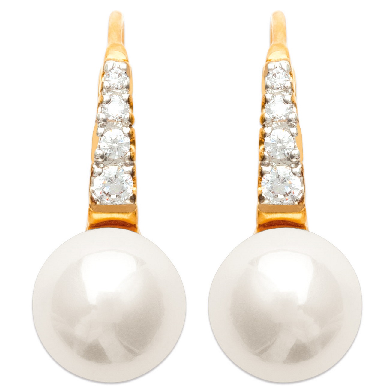 Boucles d'oreilles en plaqué-or, oxyde de zirconium et perle d'imitation. Boule Perle  Adulte Femme Indémodable Mariage 