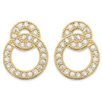 Boucles d'oreilles composées de doubles cercles entrelacés en plaqué or jaune 18 carats pavés d'oxydes de zirconium.