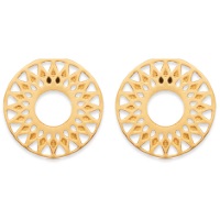 Petites boucles d'oreilles puces de forme ronde avec motif ajouré du soleil en plaqué or 18 carats.