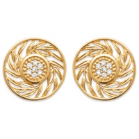 Boucles d'oreilles cercles avec branches de laurier en plaqué or 18 carats et le milieu serti d'oxydes de zirconium.