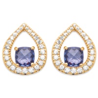 Boucles d'oreilles en forme de goutte en plaqué or 18 carats pavées d'oxydes de zirconium et surmontées d'une pierre de couleur bleue sertie 4 griffes.