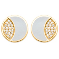 Boucles d'oreilles puces de forme ronde en plaqué or jaune 18 carats pavées en partie d'oxydes de zirconium blancs et en autre partie de nacre.