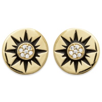 Boucles d'oreilles puces rondes en plaqué or jaune 18 carats gravées d'une étoile en émail de couleur noire et incrustées d'un pavage rond d'oxydes de zirconium blancs.