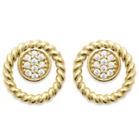 Boucles d'oreilles puces cercles tressés en plaqué or jaune 18 carats surmontées d'un pavage rond d'oxydes de zirconium blancs.