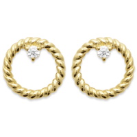 Boucles d'oreilles puces cercles tressés en plaqué or jaune 18 carats surmontées d'un oxyde de zirconium blanc serti 3 griffes.