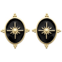 Boucles d'oreilles de forme ovale avec motif d'étoile en relief en plaqué or jaune 18 carats et recouverte d'émail de couleur noire.