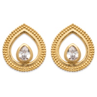 Boucles d'oreilles pendantes en forme de goutte en plaqué or jaune 18 carats surmontées d'un oxyde de zirconium blanc serti clos en forme de goutte.