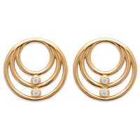 Boucles d'oreilles pendantes de trois cercles en plaqué or jaune 18 carats incrustées de deux oxydes de zirconium blancs sertis clos.