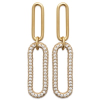 Boucles d'oreilles pendantes composées de deux maillons de chaîne en plaqué or jaune 18 carats dont un maillon pavé entièrement d'oxydes de zirconium blancs.