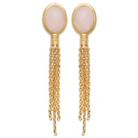 Boucles d'oreilles pendantes avec chaînettes en plaqué or jaune 18 carats surmontées d'une véritable pierre de quartz rose serti clos de forme ovale.