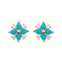 Boucles d'oreilles puces en plaqué or jaune 18 carats en forme de fleur composée de pierres synthétiques de couleur bleue et oxydes de zirconium blancs.