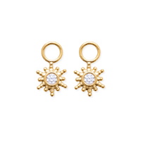 Lot de 2 pendentifs soleil pour boucles d'oreilles créoles en plaqué or jaune 18 carats sertis d'un oxyde de zirconium blanc. Taille adaptable pour créoles de 2 mm maximum de largeur.