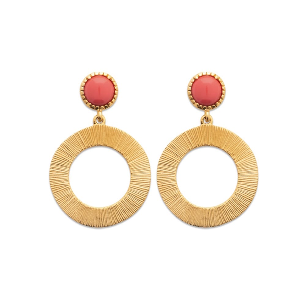 Boucles d'oreilles pendantes avec cercle en plaqué or et pierres d'imitation corail. Cercle Corail Pendantes Rond  Adolescent Adulte Femme Fille Indémodable 