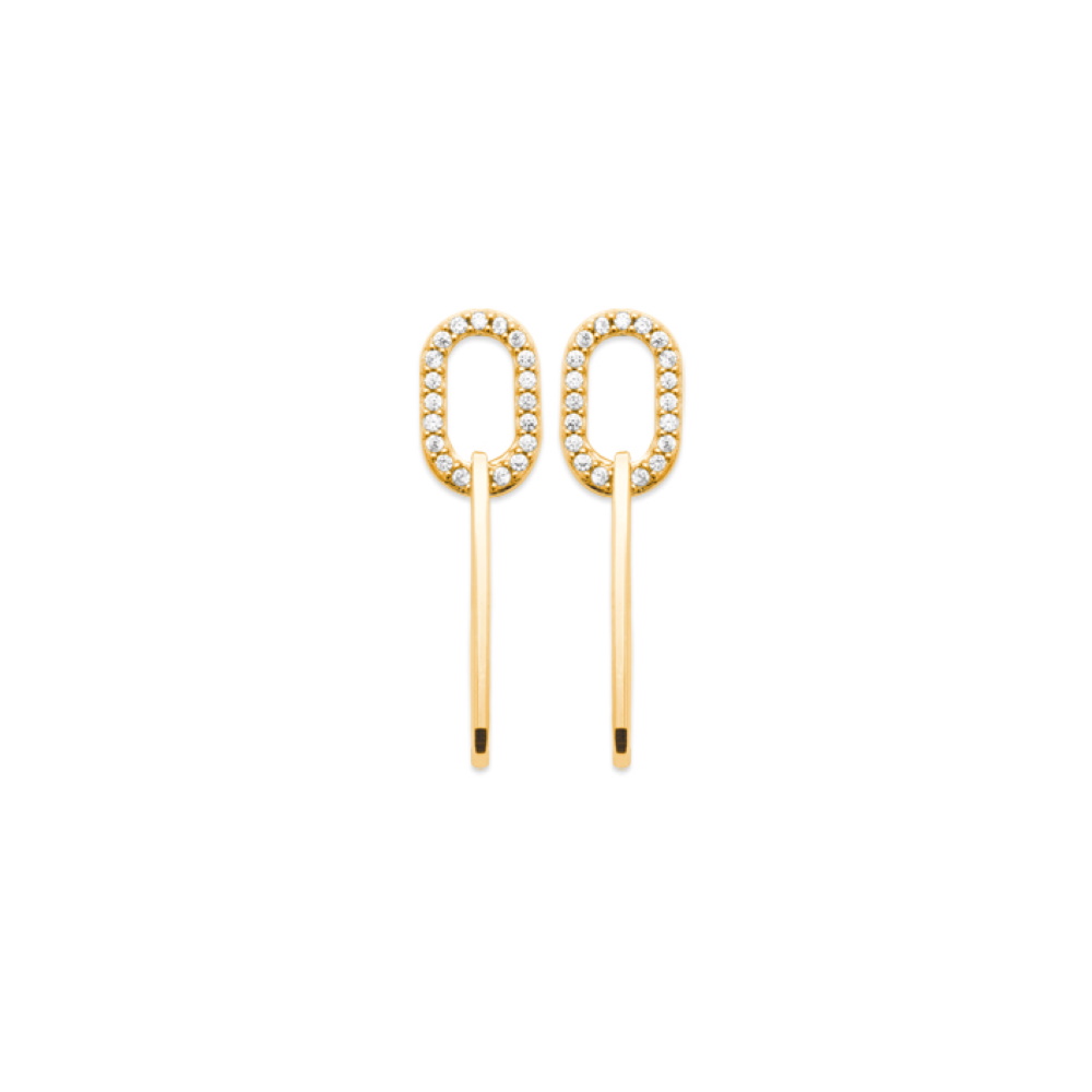 Boucles d'oreilles pendantes composées de deux formes géométriques entrelacées en plaqué or et un pavée d'oxydes de zirconium blancs. Pendantes  Adolescent Adulte Femme Fille Indémodable 