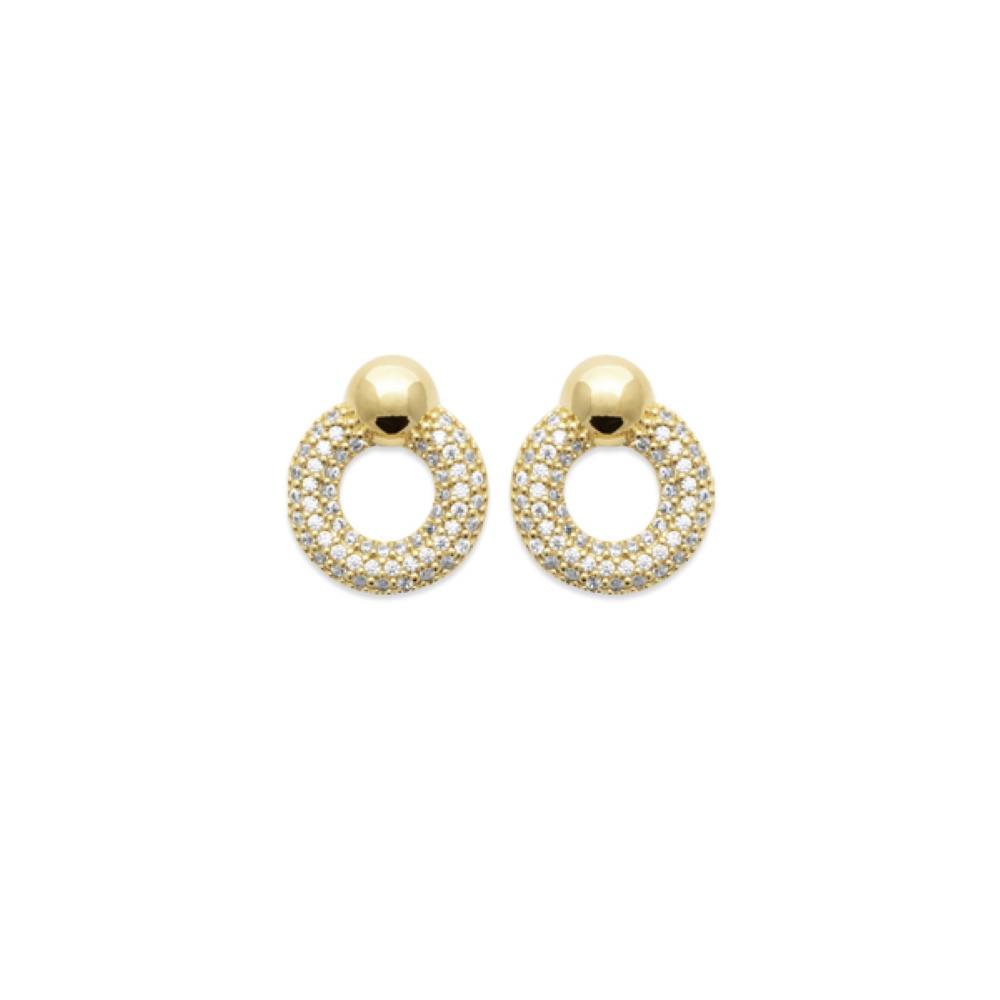 Boucles d'oreilles composées d'anneaux avec boule en plaqué or jaune 18 carats et un cercle pavé d'oxydes de zirconium blancs. Cercle Pendantes Rond Strass  Adolescent Adulte Femme Fille Indémodable 