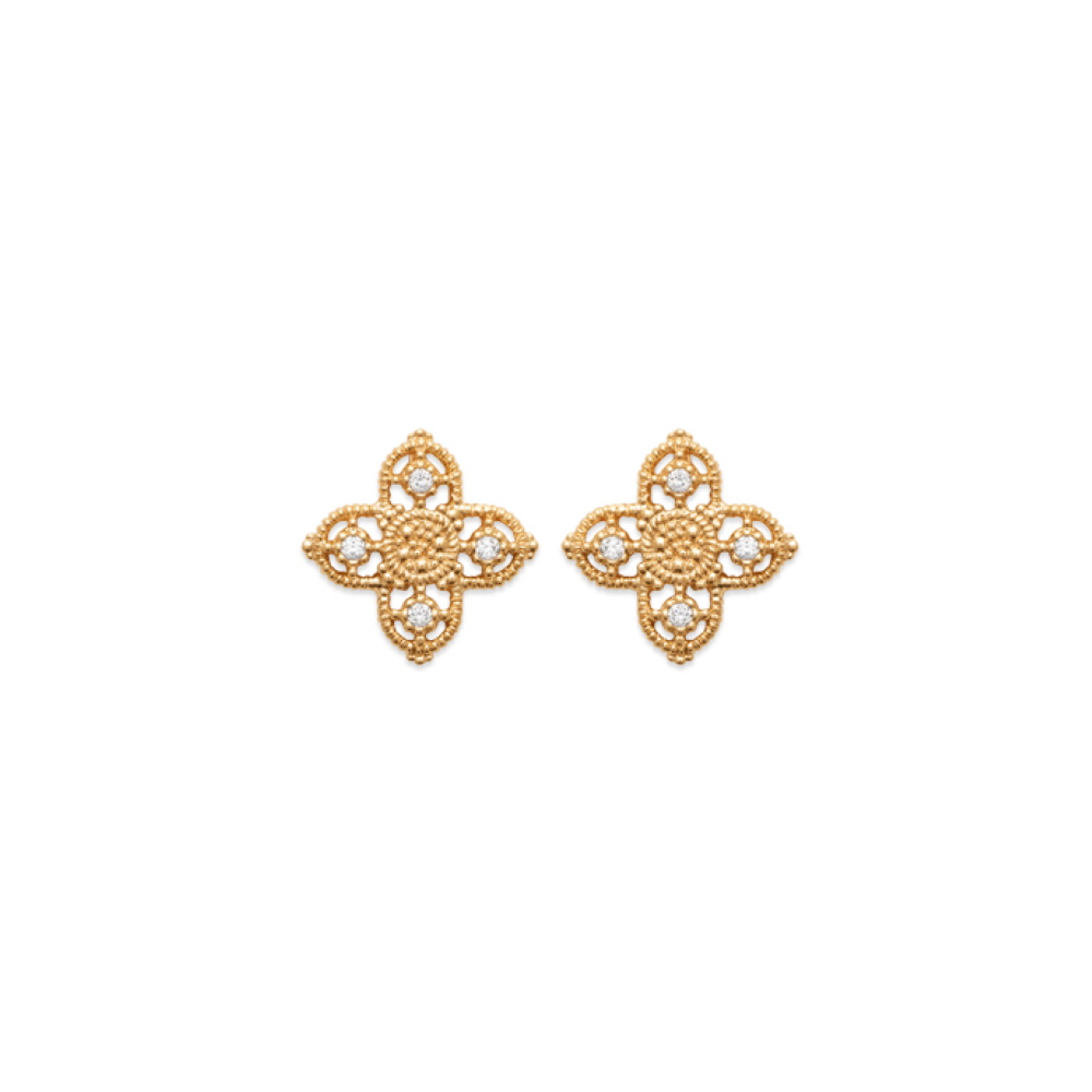 Boucles d'oreilles au motif de croix en plaqué or jaune 18 carats incrustées de quatre oxydes de zirconium blancs sertis clos. Croix Pendantes Rond Strass  Adolescent Adulte Femme Fille Indémodable Religion 