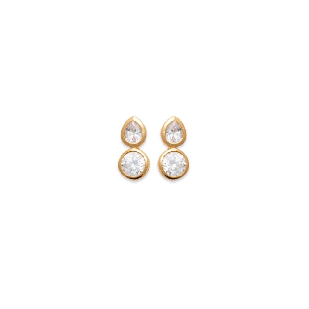 Boucles d'oreilles en plaqué or jaune 18 carats surmontées de deux oxydes de zirconium blancs sertis clos de forme ronde et de goutte. Goutte Pendantes Rond  Adolescent Adulte Femme Fille Indémodable 