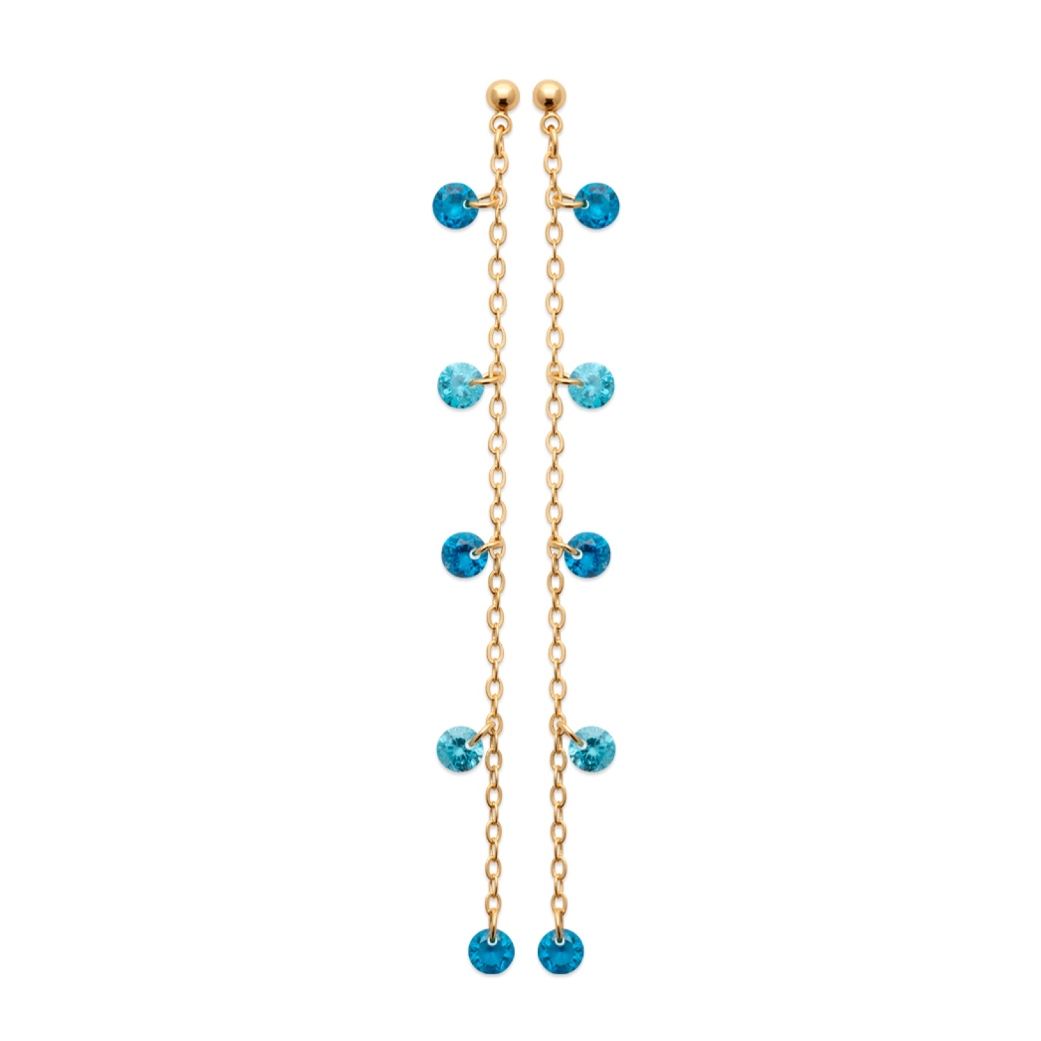 Boucles d'oreilles pendantes en plaqué or jaune 18 carats et pierres synthétiques de couleur bleue turquoise. Pendantes Rond  Adolescent Adulte Femme Fille Indémodable 