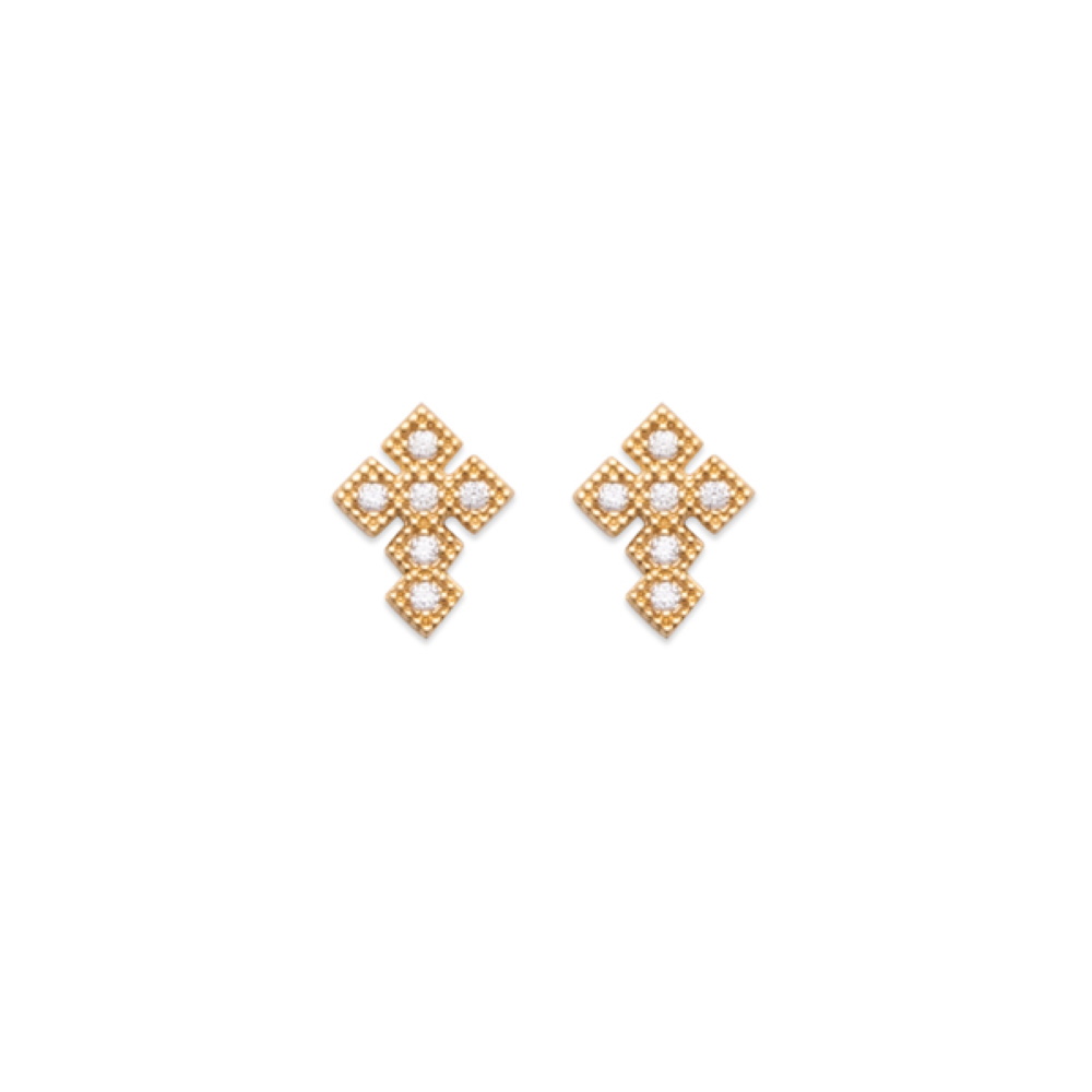 Boucles d'oreilles pendantes en forme de croix composées de losanges en plaqué or jaune 18 carats pavés d'oxydes de zirconium blancs. Croix Pendantes Strass  Adolescent Adulte Femme Fille Indémodable Religion Symboles 