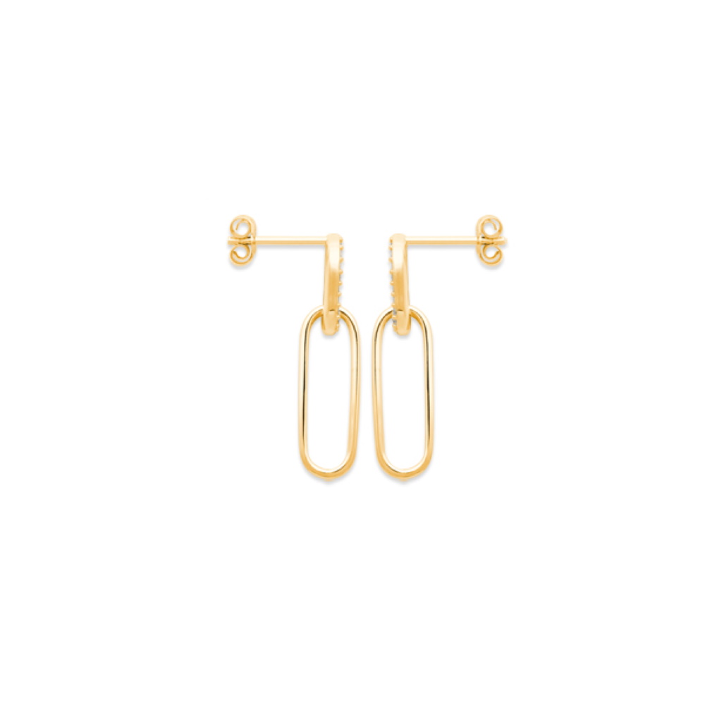 Boucles d'oreilles pendantes composées de deux formes géométriques entrelacées en plaqué or et un pavée d'oxydes de zirconium blancs. Pendantes  Adolescent Adulte Femme Fille Indémodable 