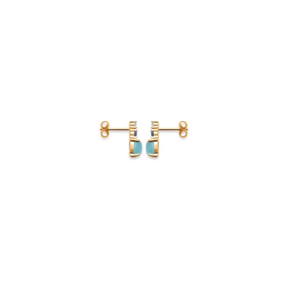 Boucles d'oreilles pendantes en plaqué or jaune 18 carats surmontées de 3 pierres de couleur dont une agate bleue. Pendantes Rond Strass  Adolescent Adulte Femme Fille Indémodable 