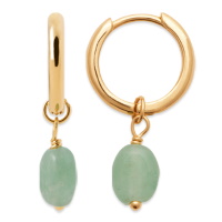 Boucles d'oreilles créoles en plaqué or jaune 18 carats et pendants en véritable pierre de quartzite de couleur verte.