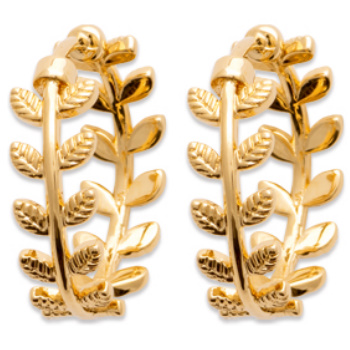 Boucles d'oreilles créoles feuilles de laurier en plaqué or jaune 18 carats.