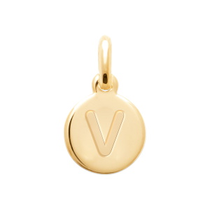 Pendentif pastille ronde gravé de la lettre V en plaqué or jaune 18 carats. Vendu sans la chaîne.