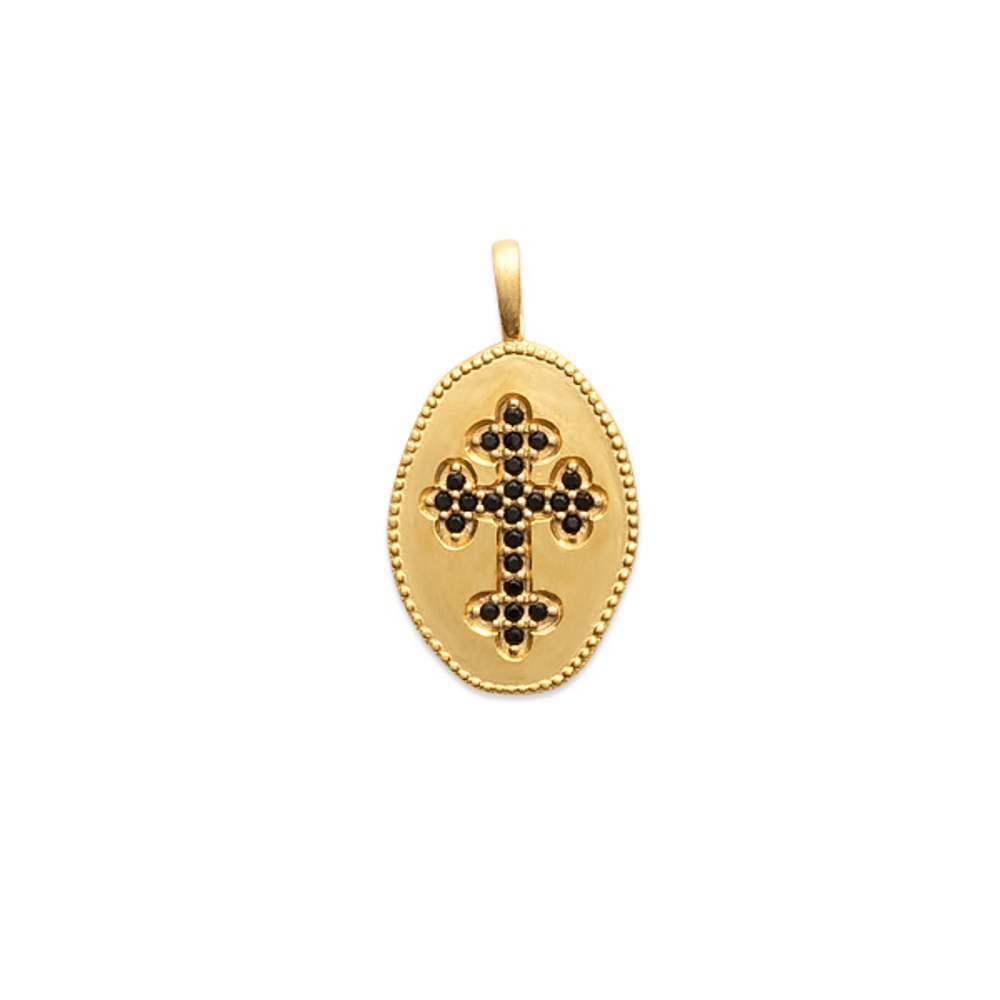 Pendentif croix en plaqué or 18 carats sertie de pierres synthétiques noires. Croix Ovale  Adolescent Adulte Femme Fille Indémodable Religion Symboles 