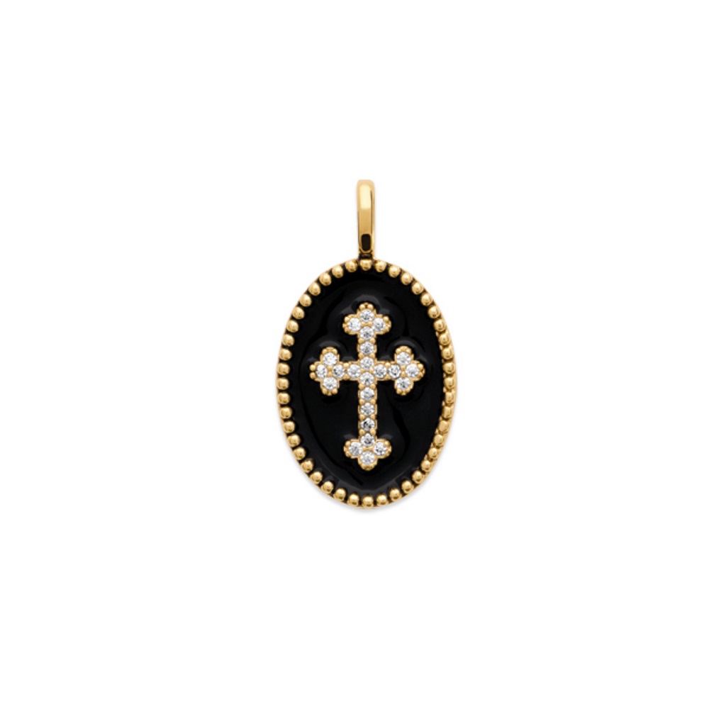 Pendentif avec croix en plaqué or, émail et oxydes de zirconium. Croix Ovale  Adolescent Adulte Femme Fille Garçon Homme Indémodable Mixte Religion Symboles 