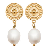 Boucles d'oreilles pendantes composées d'une pastille ronde avec motifs en plaqué or jaune 18 carats et d'une perle de culture.