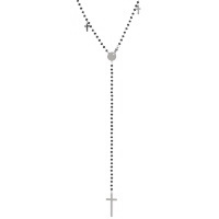 Collier sautoir chapelet composé d'une chaîne avec croix en acier argenté et perles de couleur noire.