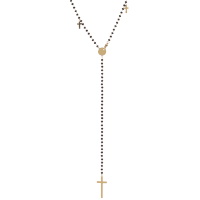 Collier sautoir chapelet composé d'une chaîne avec croix en acier doré et perles de couleur noire.