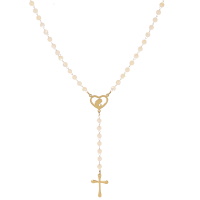 Collier chapelet composé d'une chaîne en acier doré, des perles de nacre, un médaillon en forme de cœur avec une prieuse et une croix en acier doré. Fermoir mousqueton avec 5 cm de rallonge.