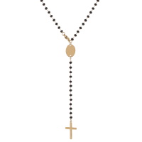 Collier chapelet composé d'une chaîne avec pastille ovale et d'une croix en acier doré et de perles de couleur noire.