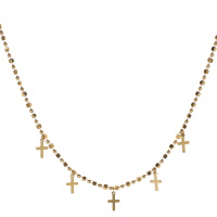 Collier composé d'une chaîne de perles rondes et cubiques et de croix en acier doré. Fermoir mousqueton avec 5 cm de rallonge.
