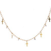 Collier composé de perles d'imitation, de pendants croix en acier doré et de pampilles cristaux. Fermoir mousqueton avec 5 cm de rallonge.