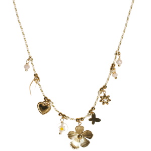 Collier composé d'un cordon de fils blanches et dorés, de pendants en forme de pastille, de cœur, de fleur et de papillon en acier doré, de trois perles blanches, d'une fleur en acier doré sertie d'un strass et d'une perle transparente avec le dessin de fleur. Fermoir mousqueton avec 5 cm de rallonge.