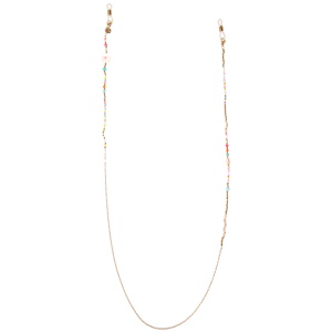 Cordon pour lunettes composé d'une chaîne en acier doré, de perles multicolores et d'une fleur en nacre d'imitation.
