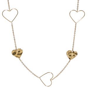 Collier sautoir composé d'une chaîne et de cœurs ajourés et martelés en acier doré. Fermoir mousqueton avec 5 cm de rallonge.