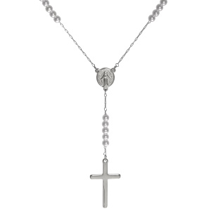 Collier de forme Y composé d'une chaîne en acier argenté, de perles d'imitation, d'un médaillon religieux et d'un pendentif en forme de croix Fermoir mousqueton avec 5 cm de rallonge.