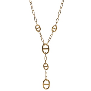 Collier sautoir de forme Y composé d'une chaîne avec des grains de café en acier doré. Fermoir mousqueton avec 5 cm de rallonge.